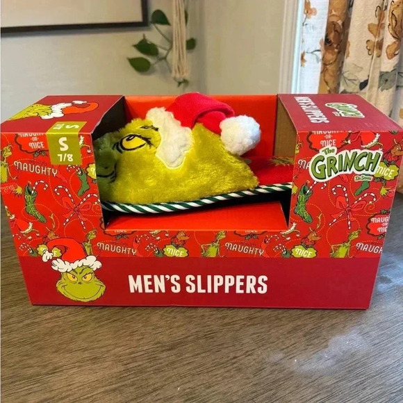 Other - Men’s The Grinch Santa hat Holiday Christmas plush slippers slip on